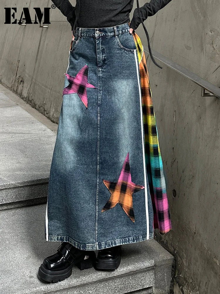 [EAM] High Elastic Waist Blue Back Plaid Denim Long A-line Half-body Skirt Women Fashion Tide New Spring Autumn 2025 1DH8117