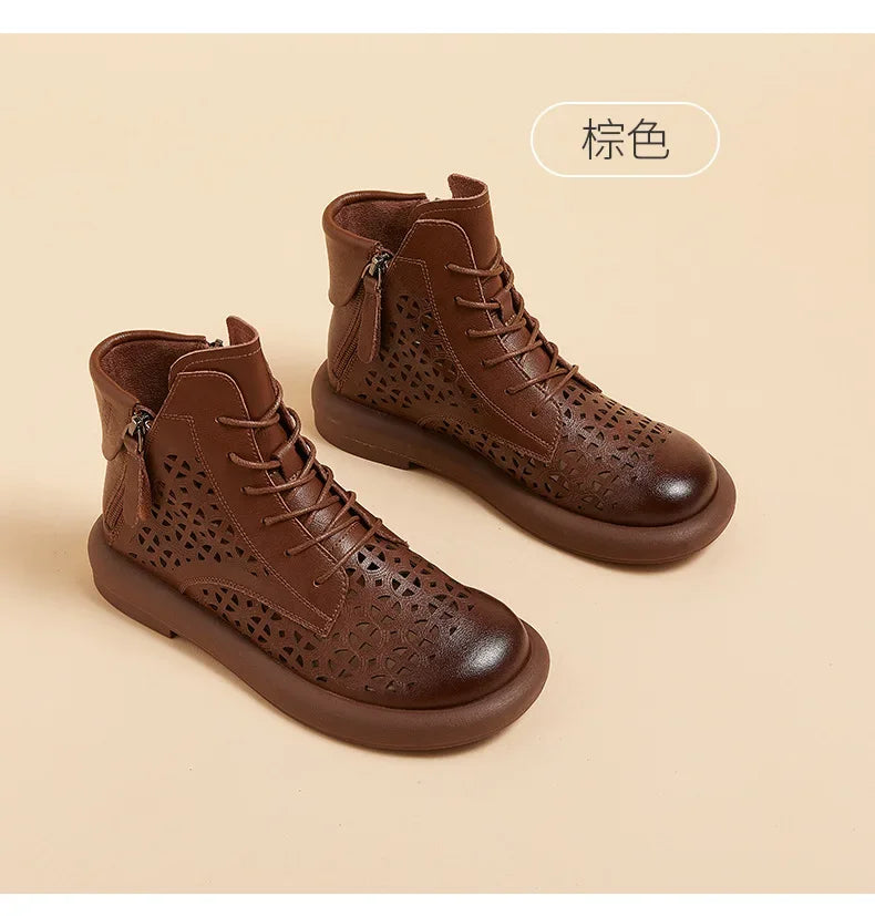 Leather Boots Woman 2025 Retro Leather Hollow Boots for Women Platform-soled Double-side Zipper Casual Short Boots Women's Shoes