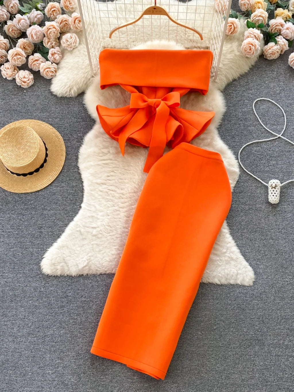 Sexy One-oulder Banded Waist Gown Set with Pleated Skirt Two-Piece Ensemble Courtly Sle Versatile Top f-length A-Line ...