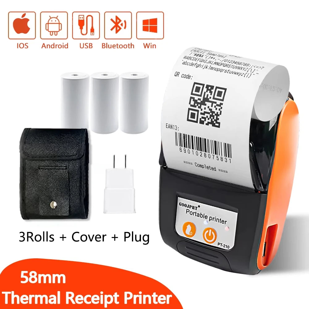 PT210 Mini Receipt Printer 58mm Portable Thermal Ticket Printer Android IOS Windows Wireless Bluetooth List Bill Maker With Plug