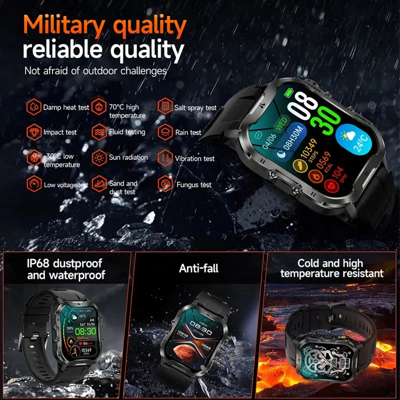 2024 New For Xiaomi Military Smart Watch Men Outdoor Sports Flashlight Fitness Watches Health Monitor 1.96" BT Call Smartwatch