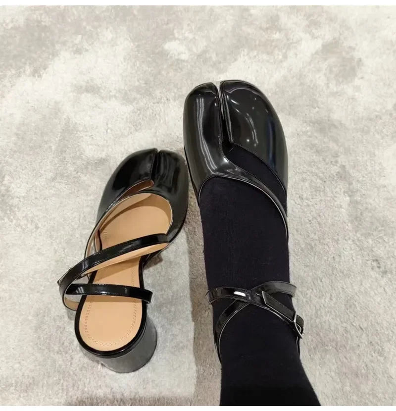 Ins style Fashion Patent Leather Split Toe Women Pumps Spring Summer Thick High heels Slingbacks Female Tabi Chunky Casual Shoes