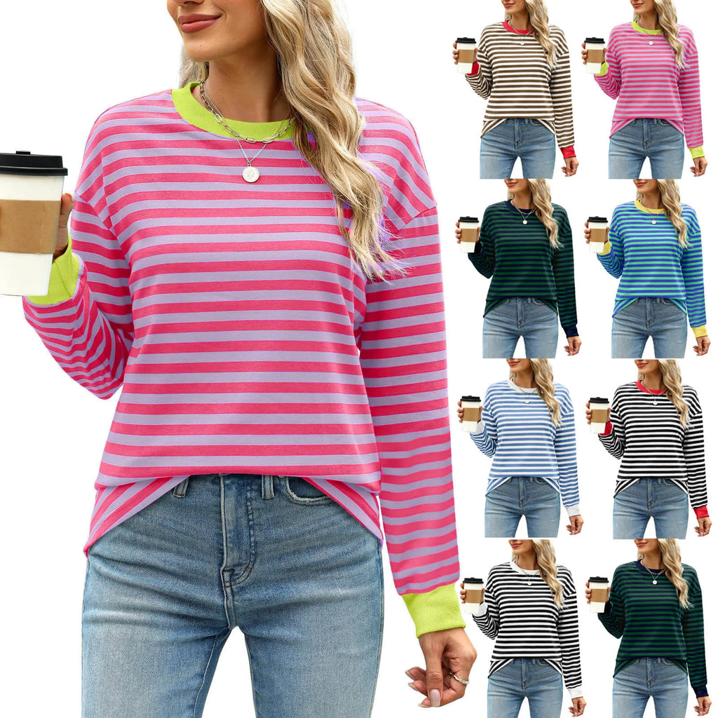 Women Casual Top Fashion Contrast Loose Round Neck Long Sleeve Stripe Printed Top Oversized Loose Pullover Autumn Clothes