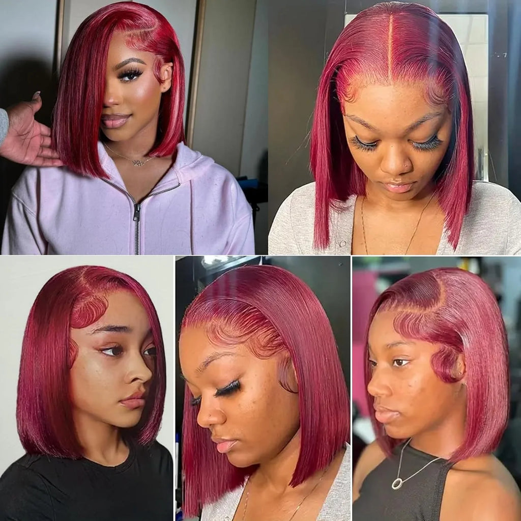 99J Burgundy Lace Front Wigs Straight Short Bob 13x4 HD Lace Frontal Wig Human Hair PrePlucked Natural Hairline Wine Red Bob Wig