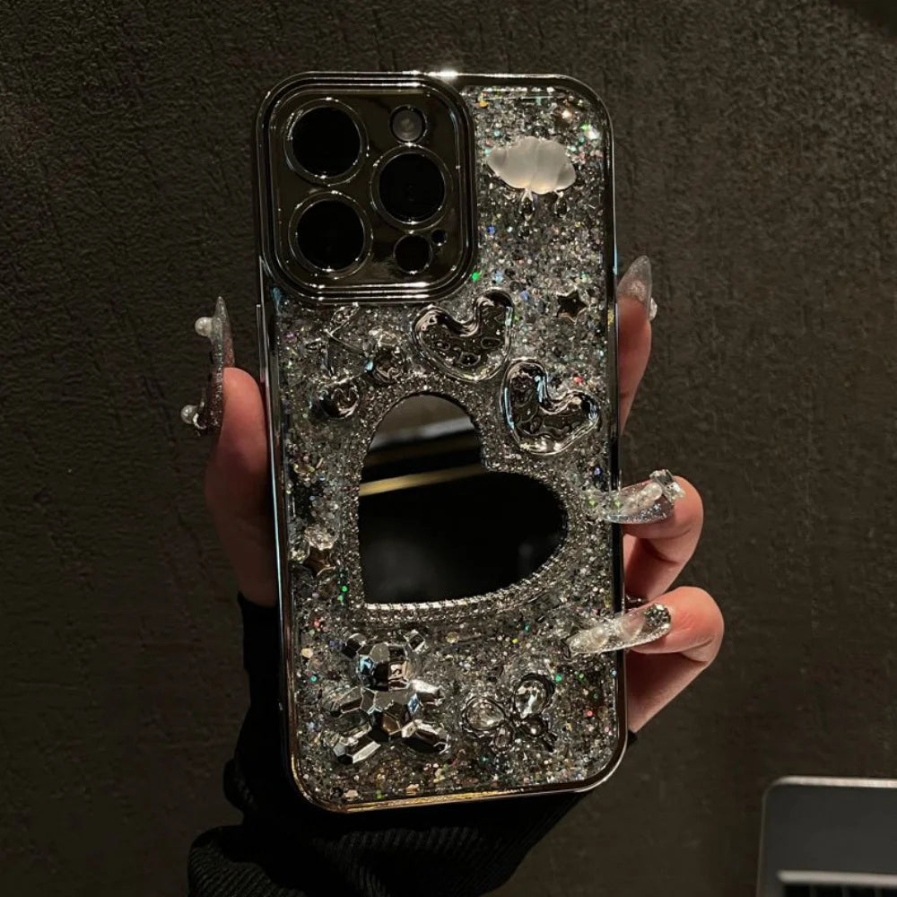 Luxury Glitter 3D Cloud Bear Phone Case For iPhone 16 15 14 13 12 Pro Max 11 Shiny Love Heart Mirror Lens Protective Back Cover