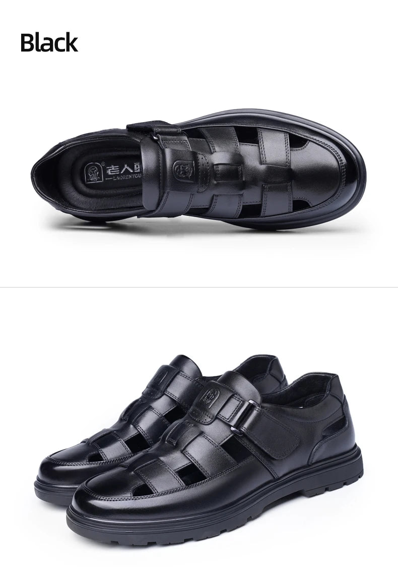 LAORENTOU leather sandals, men's breathable hollow hole shoes, toe wrapped cowhide, anti slip and wear-resistant casual  shoes