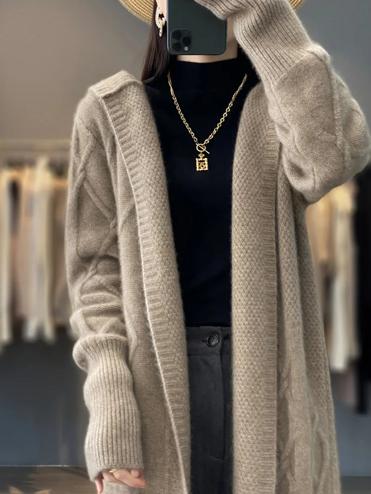 Autumn Winter 100% Merino Wool Women's Cardigan Long Sleeve Sweater Coat Loose Warm Cashmere Knitwear Fashion Female Long Coat