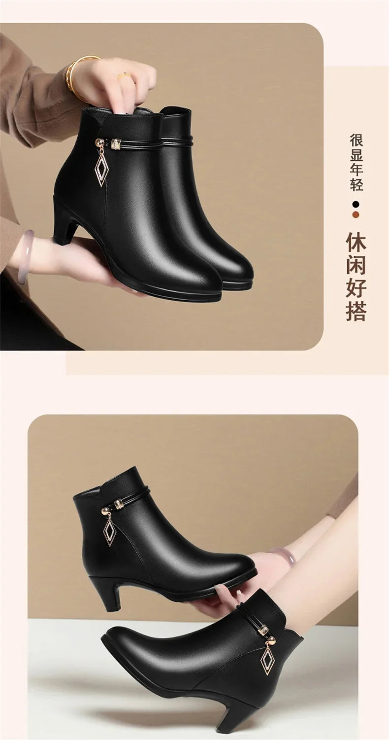 Comfort Fashion Soft Leather Winter Shoes Platform Boots 2024 Elegant Black Block High Heels Ankle Office Mom Boots