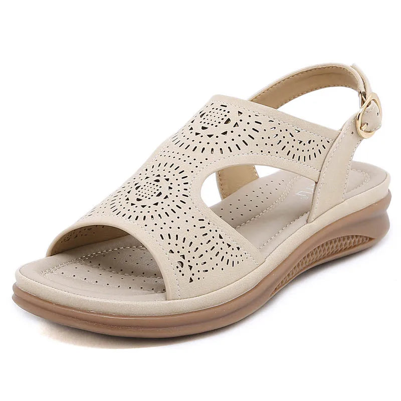 Low Sandals Woman Leather Female Shoe Clogs Wedge Large Size Low-heeled Fashion Girls Platform Big Beige Retro  Comfort Scan