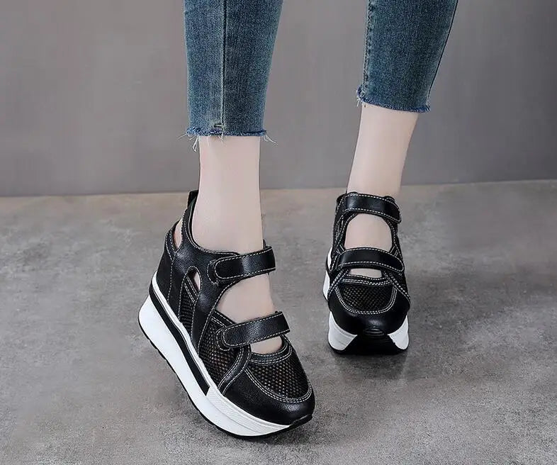 10cm Air Mesh Genuine Leather Platform 2025 Wedge Flats Sneakers Hook Summer Women Comfy Fashion Chunky Sneaker Sandals Shoes
