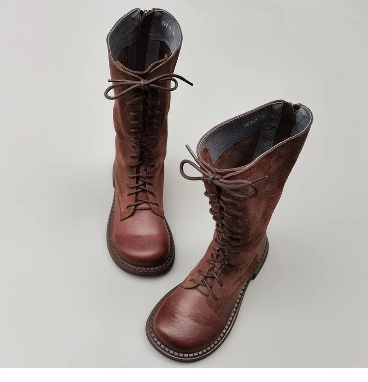 Autumn 2024 Shoes Long Noses Riding Boots Natural Leather Wide Toe Women's Boots Kne-High Cowhide Suede Single Lace-up booties