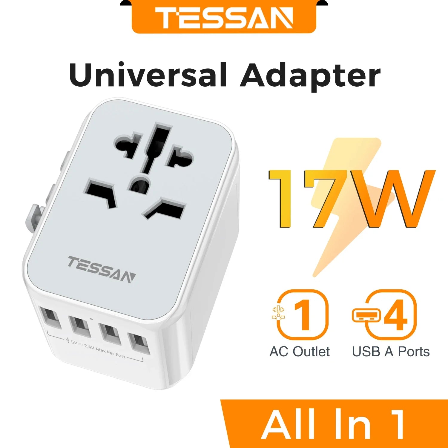 TESSAN Universal Worldwide All in One Charger Travel Power Plug Adapter with USB Type C Charging Ports for USA EU UK AU