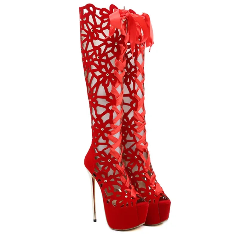 16CM Thin High Heels Sexy Nightclub Hollow Out Over The Knee Boots Women Peep Toe Lace-Up Zip Platform Shoes Sandals