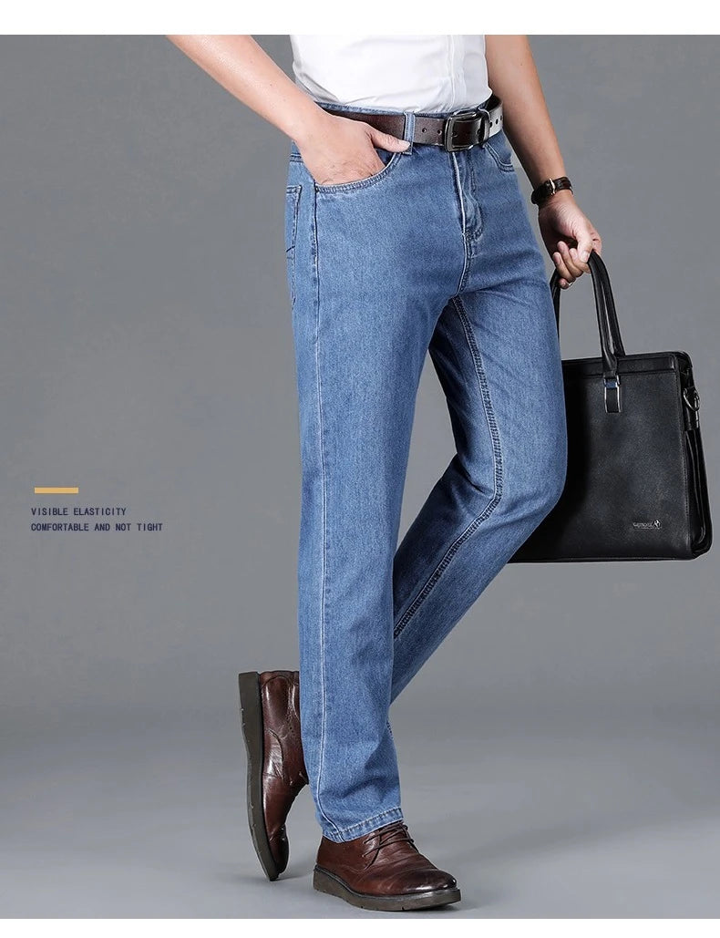 100% Cotton Men's Brand Thin Business Jeans Straight Slim Classic Male Trousers Fashion Casual Breathable Summer Denim Pants