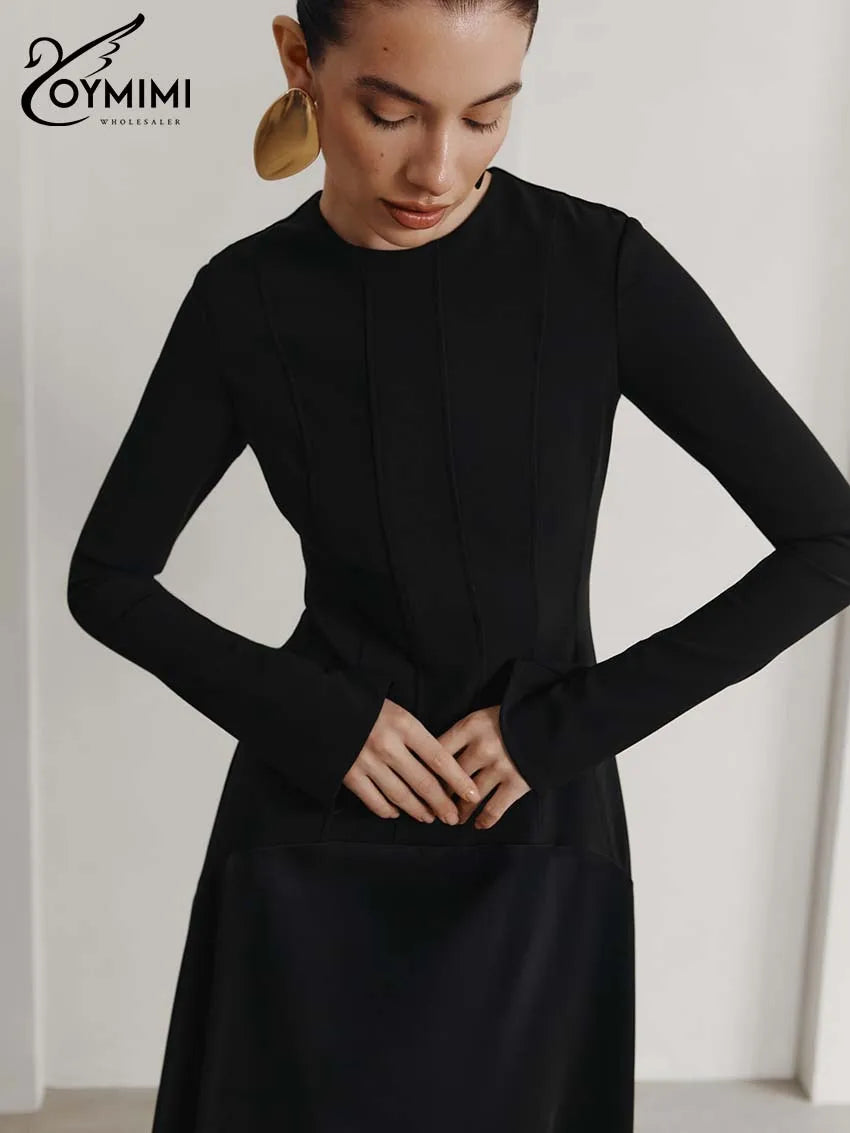 Oymimi Elegant Black O-Neck Womens Dresses Fashion Long Sleeve Patchwork Slim Dresses Casual New Straight Ankle-Length Dress