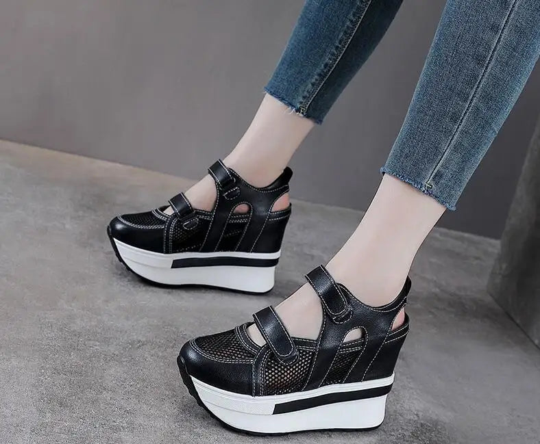 10cm Air Mesh Genuine Leather Platform 2025 Wedge Flats Sneakers Hook Summer Women Comfy Fashion Chunky Sneaker Sandals Shoes