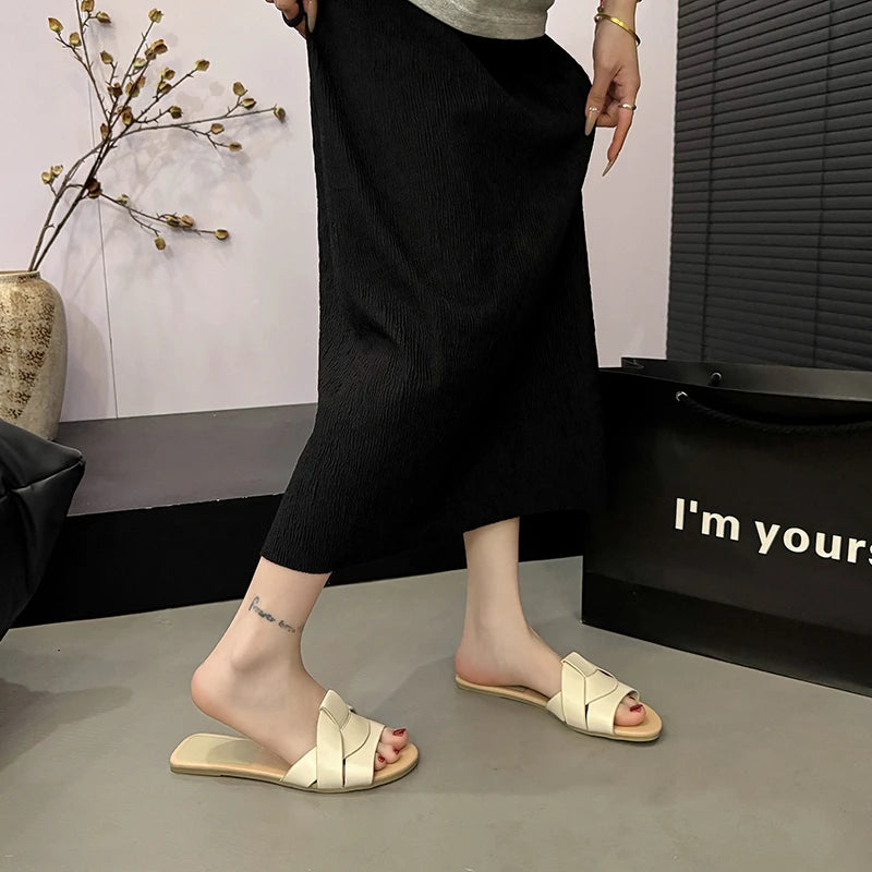 2025Summer New Style Women's Designer Brand Open Toe Flat Slippers Woven Comfortable Women's Shoes Casual Slippers Women's Shoes