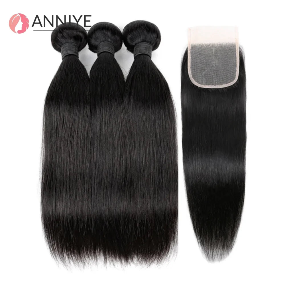 Raw Indian Straight 3 Bundles With 4x4 HD Lace Closure Frontal Human Hair Double Weft Natural Color Hair For Black Women ANNIYE