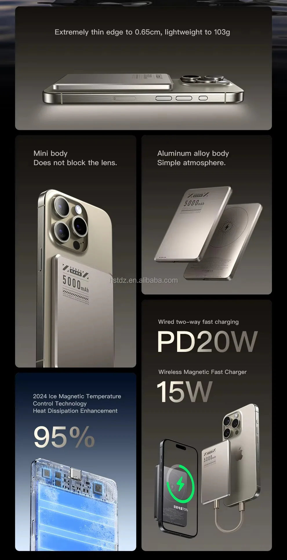 Portable travel Thin 0.65cm Magnetic Metal Wireless Charger 5000mAh Bi-directional Fast Charge PD20W Power bank External battery