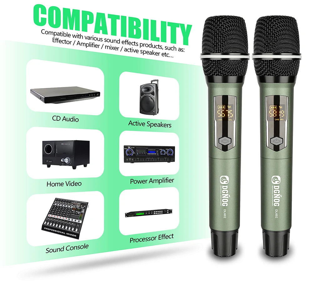 Rechargeable Battery Microphone 2 Channel UHF Wireless Microphone Dual Handheld Dynamic Adjust Frequency For Stage 200ft DL602