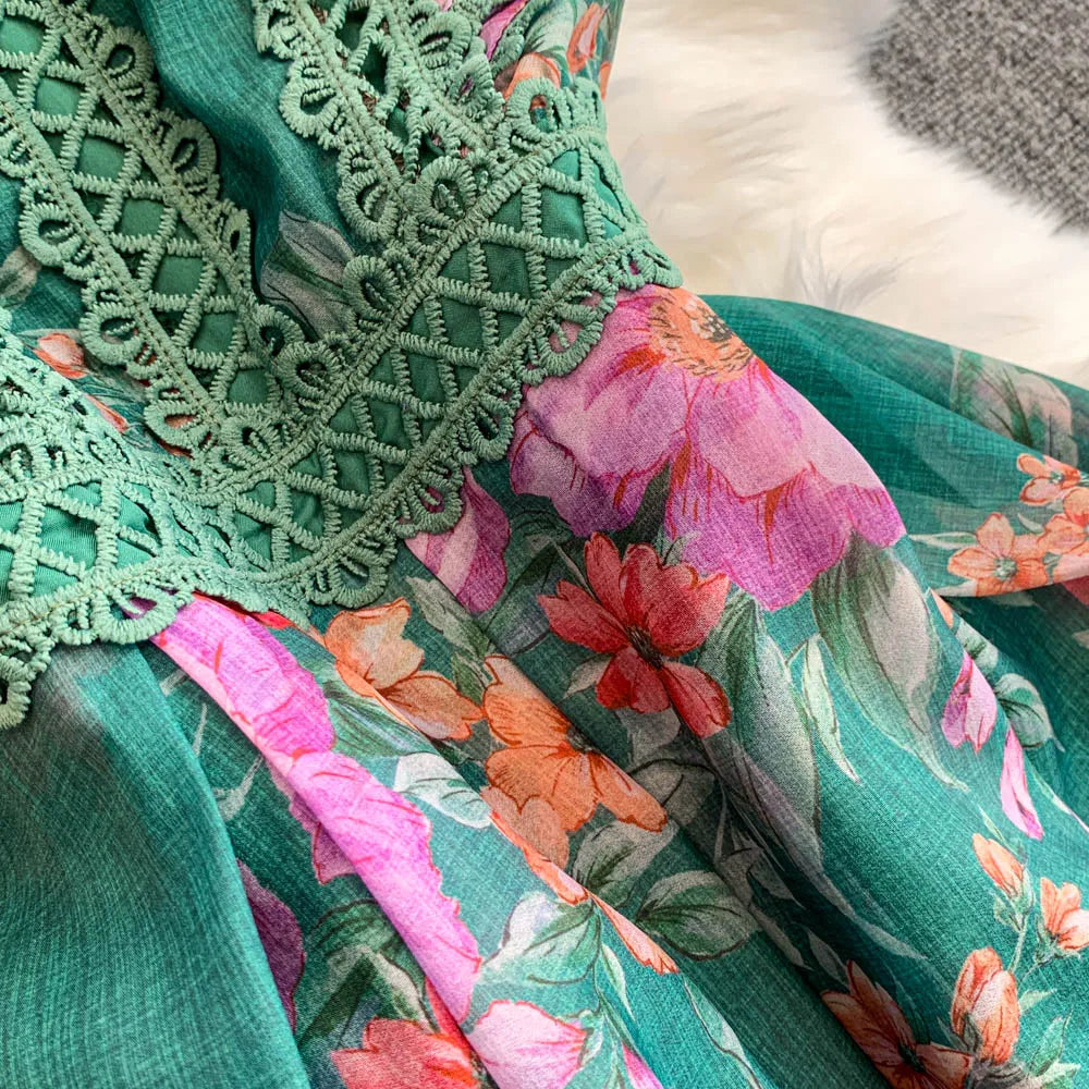 Ele Lace Splice Waist Cinching Long Dr Korean Sle Print Blouse Svel Midi Skirt High Waist A-Line Silhouette