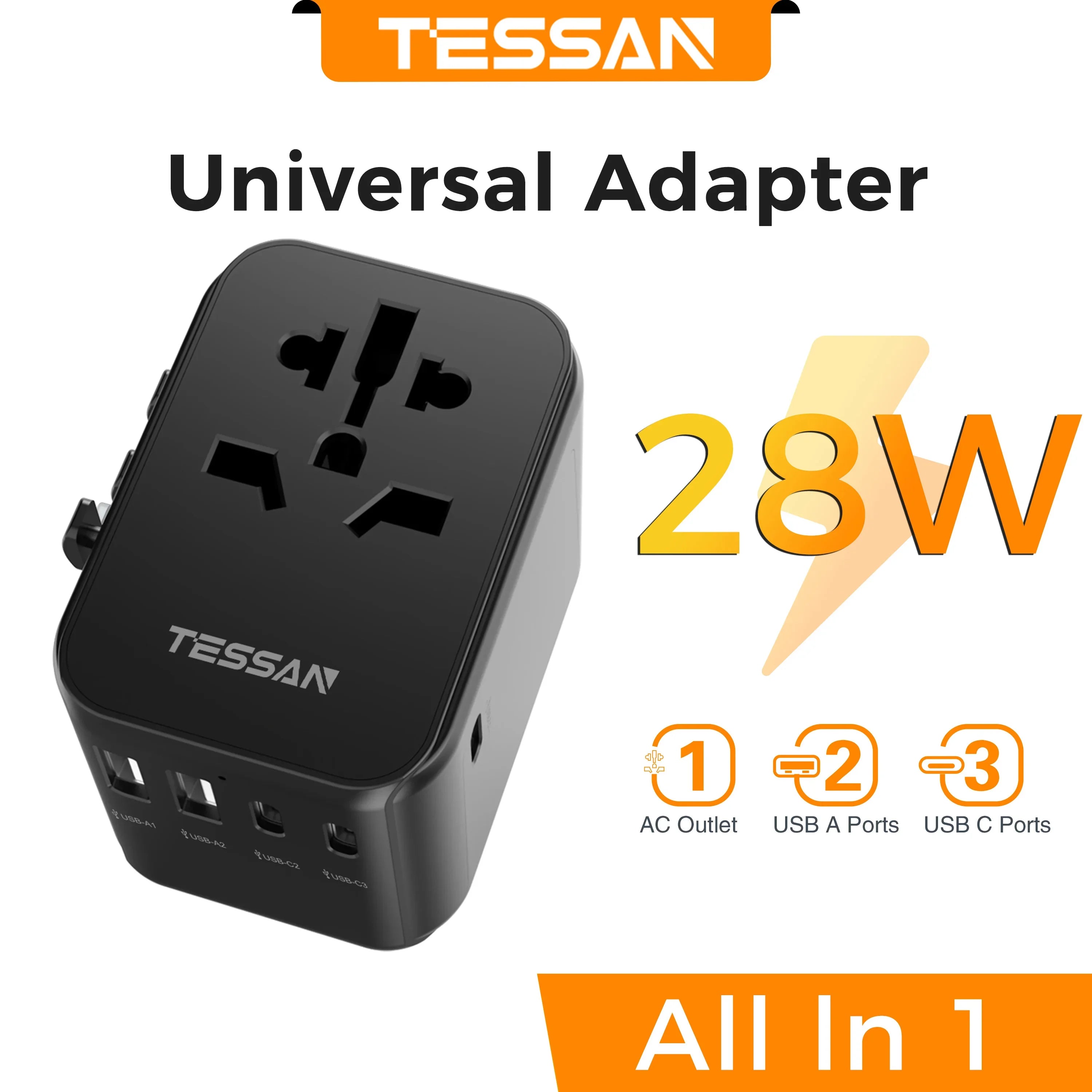 TESSAN Universal Worldwide All in One Charger Travel Power Plug Adapter with USB Type C Charging Ports for USA EU UK AU