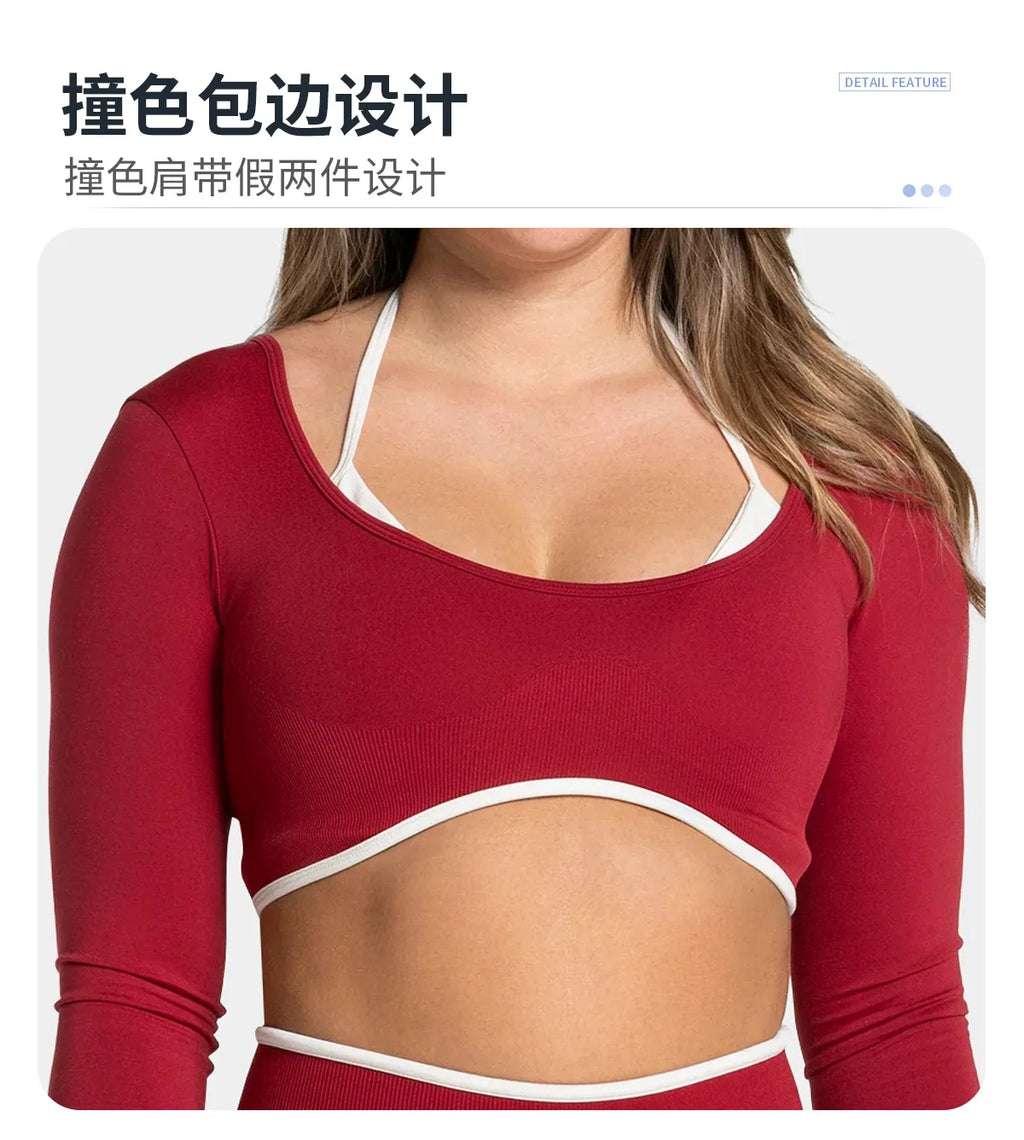 Seamless Fake Two-piece Long Sleeved Yoga Top  Women's Running and Fitness Sports Top Suit Top