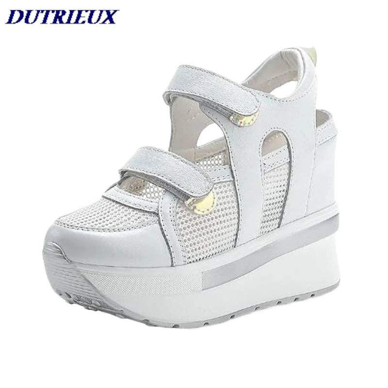 10cm Air Mesh Genuine Leather Platform 2025 Wedge Flats Sneakers Hook Summer Women Comfy Fashion Chunky Sneaker Sandals Shoes