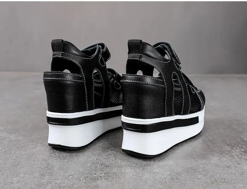 10cm Air Mesh Genuine Leather Platform 2025 Wedge Flats Sneakers Hook Summer Women Comfy Fashion Chunky Sneaker Sandals Shoes