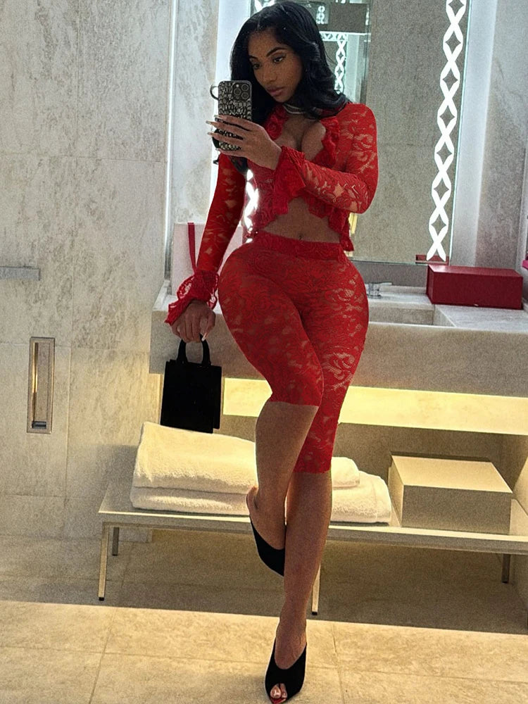 Weird Puss Jacquard Sexy Women 2 Piece Set Coquette Full Sleeve Ruffles Crop Tops+Bike Shorts Matching Clubwear Summer Outfits