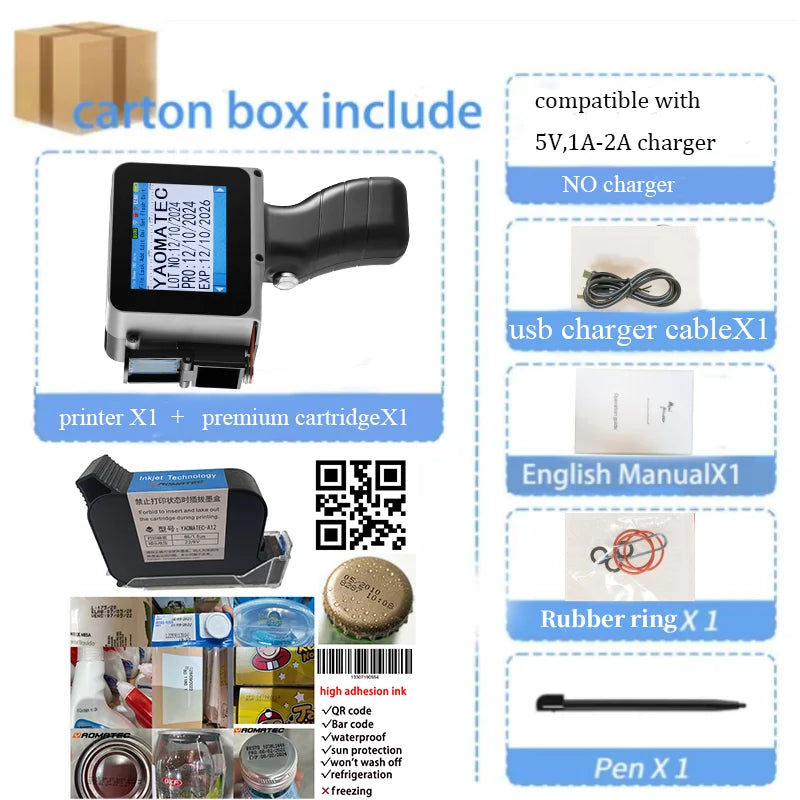with cartridge: G1760 12.7mm printing gun QR Bar Batch Code Date Logo Expiry Label Portable mini Handheld Thermal Inkjet Printer