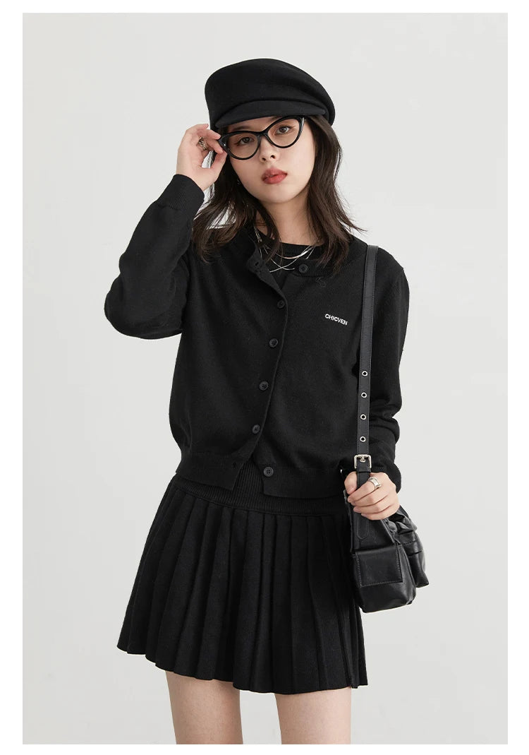 CHIC VEN Women Skirt Sets Solid Knitted Cardigan Short Sleeved Top Female Pleated Skirt Three Piece Optional Spring Autumn 2024