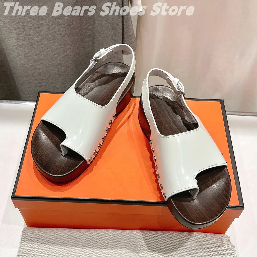 Concise Rivet Cow Leather Sewing Back Strap Flip Flops Woman Sandals Mixed Colors Open-Toes Platform Heels Zapatos Mujer 34-42