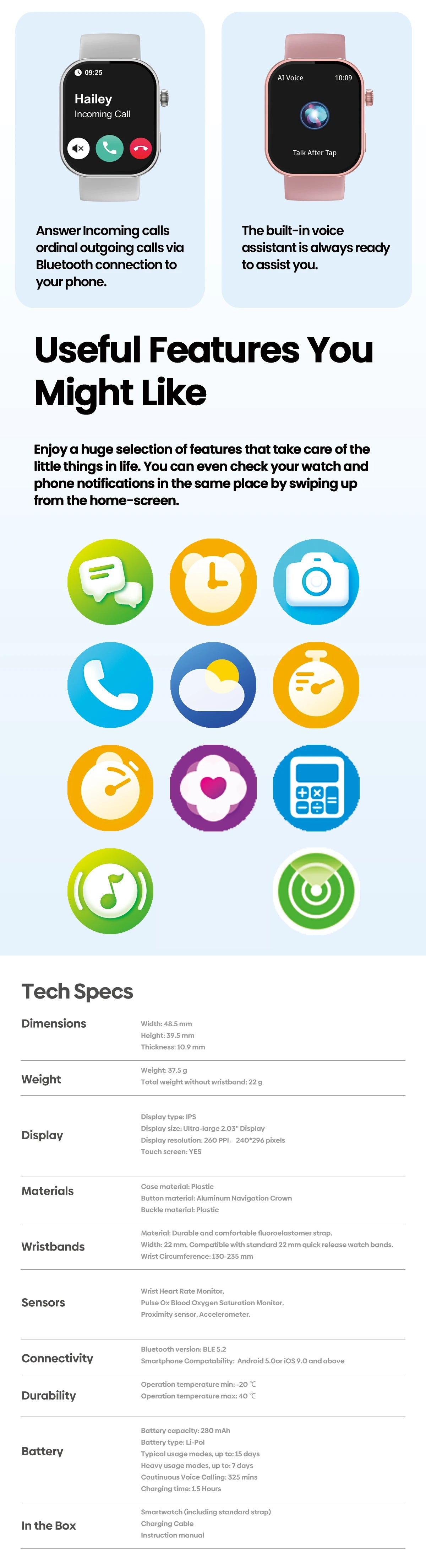 Zeblaze Btalk Plus Voice Calling Smartwatch 2.03'' HD Color Display Heart Rate/SpO2 Fitness Tracking Smart Watch for Men Women