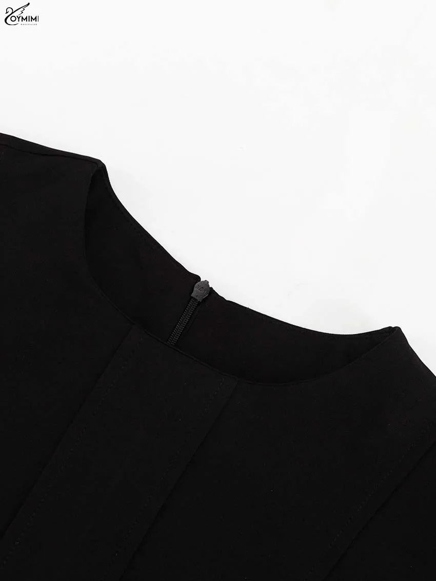 Oymimi Elegant Black O-Neck Womens Dresses Fashion Long Sleeve Patchwork Slim Dresses Casual New Straight Ankle-Length Dress