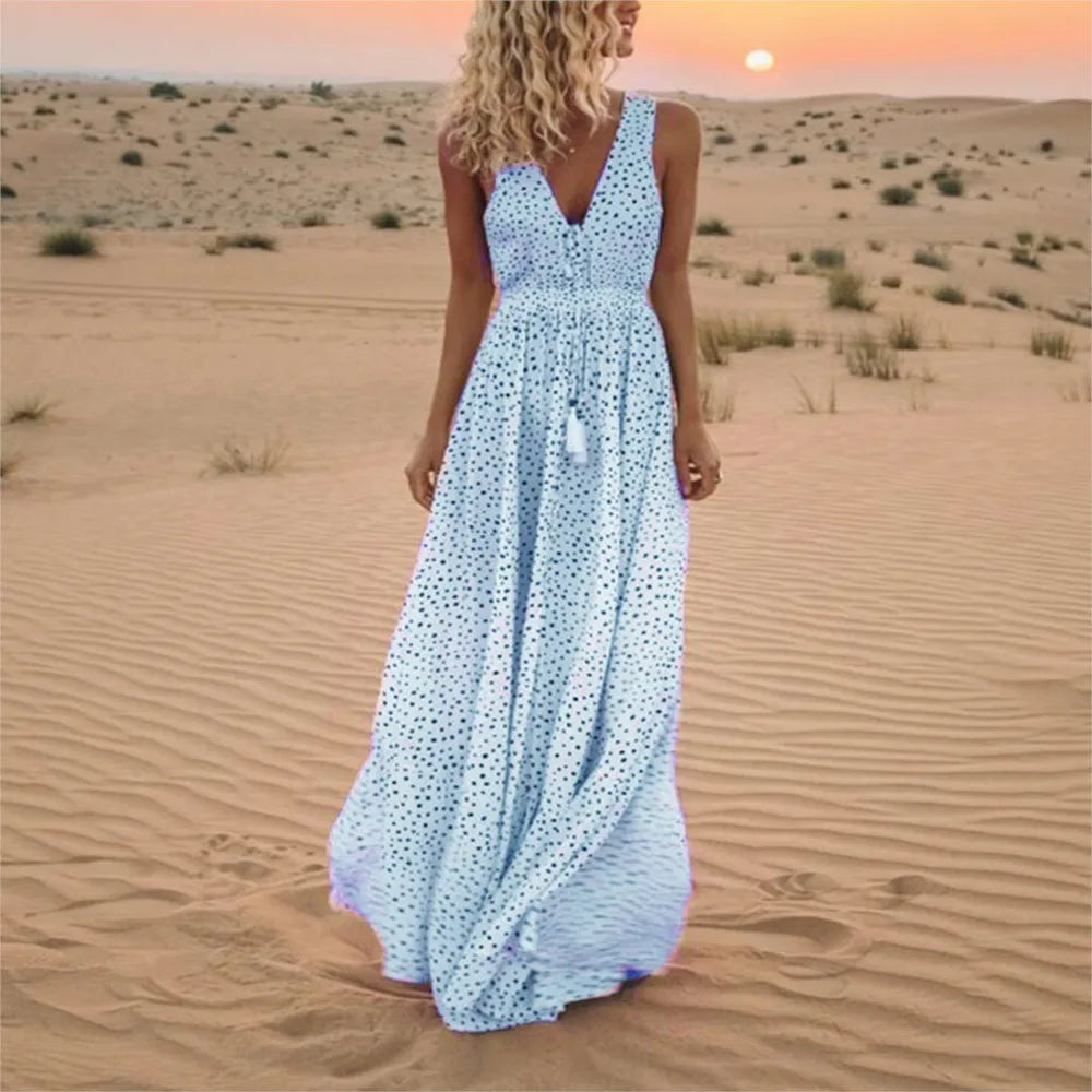 Fashion Print Sleeveless Long Dress 2025 Summer Casual Boho V Neck Loose A Line Dress Elegant Beach Party Dress Robe Femme