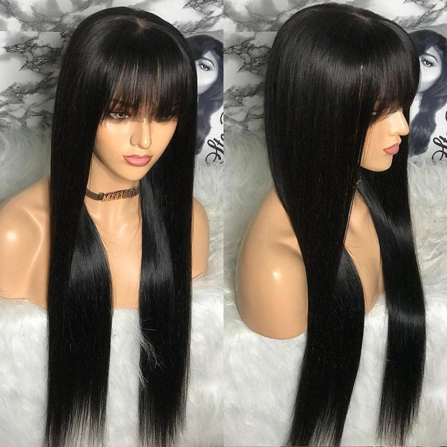 Wig With Bangs Short Bob Human Hair for Women Brazilian Natural Cheap Full Machine Made Wigs Straight 30 Inch Long Fringe Wig