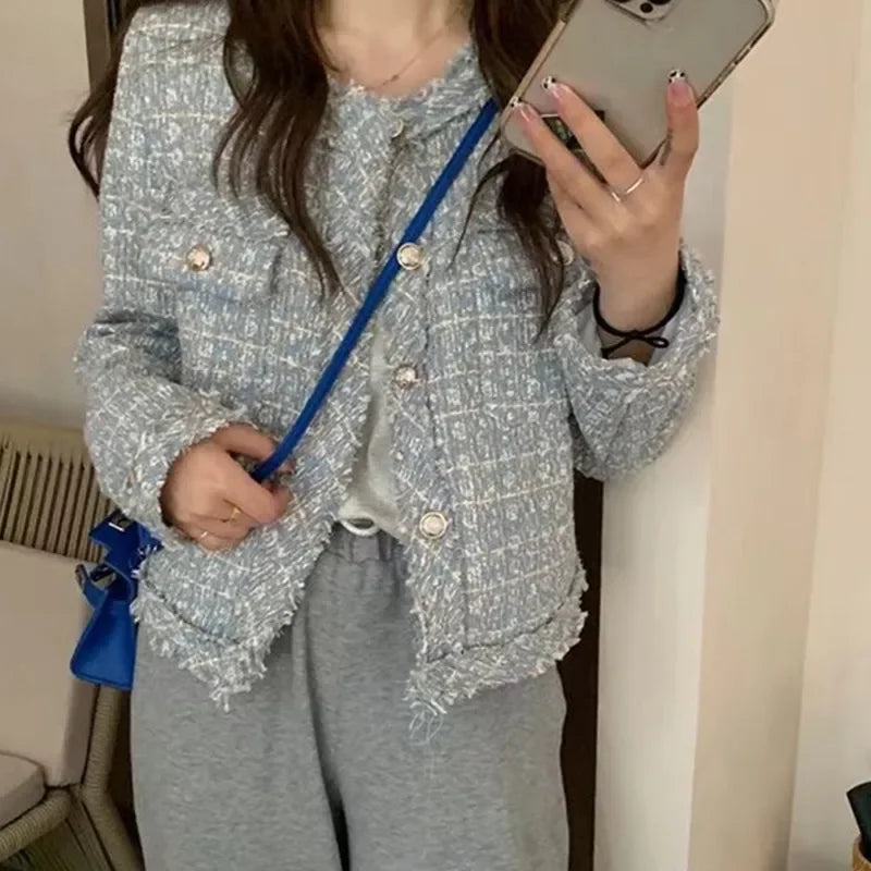 HJLZWB New Fashion Korean Chic Vintage Tweed Woolen Jacket Coat Women Autumn Single Breasted Plaid Tassel Office Lady Outwea2023