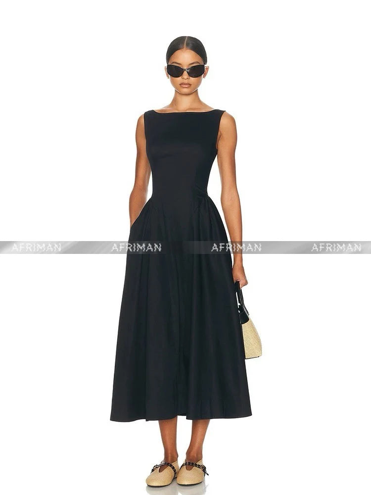 2025 New Hepburn Style Organic Cotton Temperament Backless Long Black Dress for Women