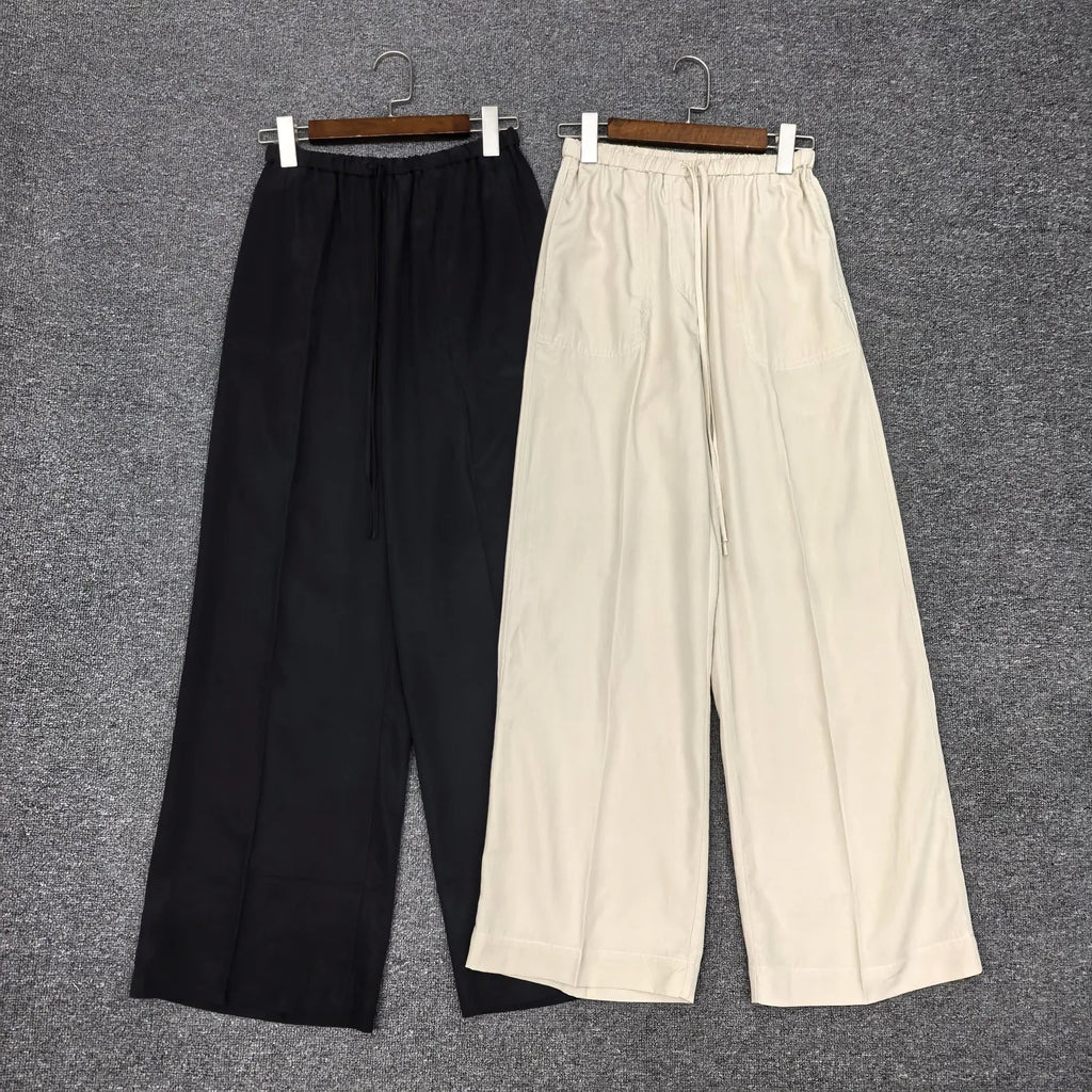 Women 2025 Summer Simple New Style Linen Blend Drawstring High Waist Wide-leg Trousers