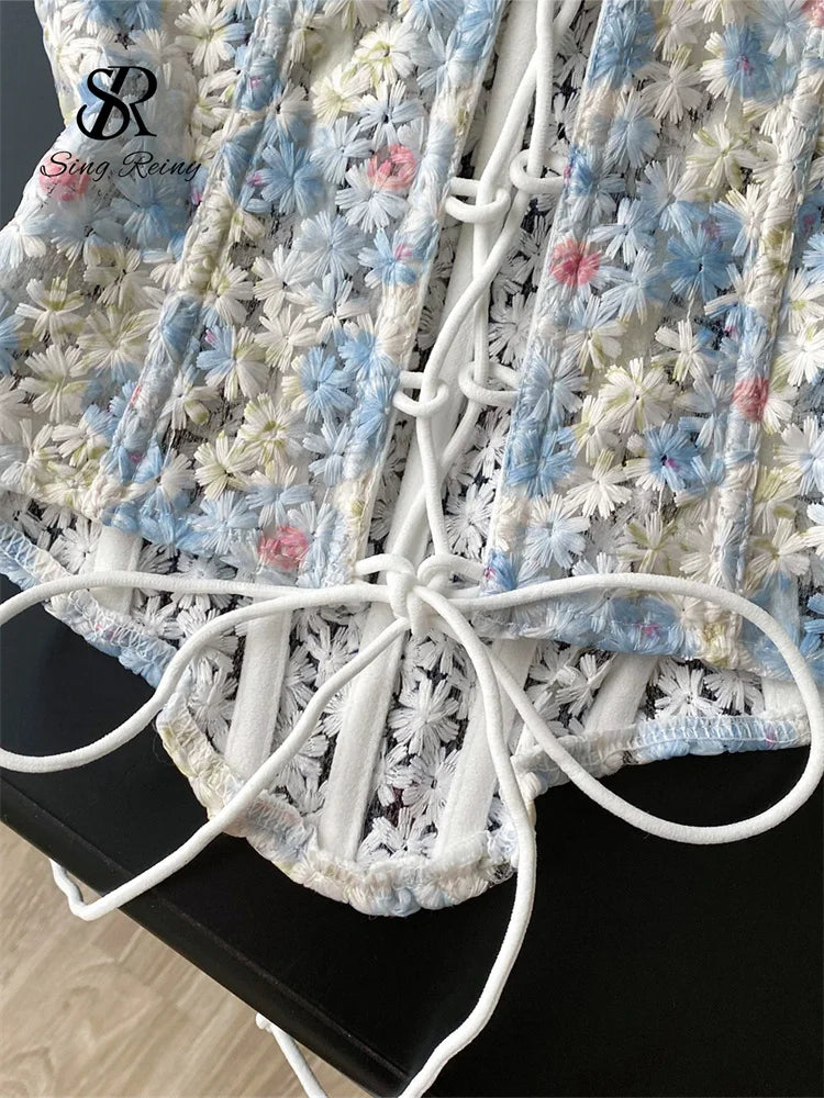 SINGREINY INS Strapless 3D Floral Camisole 2025 Summer Corset Slim Backless Tank Top Sheer Lace Up Holiday Sexy Embroidery Top