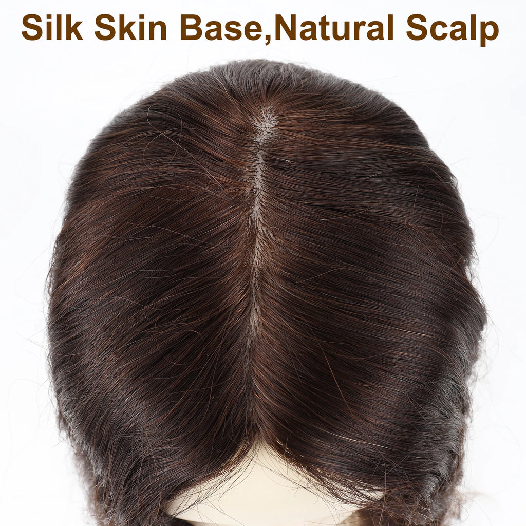 Silk Skin Base Topper with Clips in #4 Medium Brown Real Virgin European Human Hair Toupee for Women 6x6" Silk Top Hairpieces