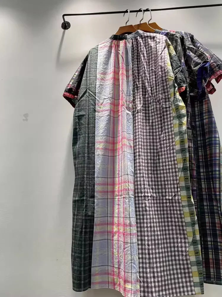 Women's plaid shirts casual 100% cotton long shirt dress for women Japan fashion short sleeve mid-length plaid patchwork shirt