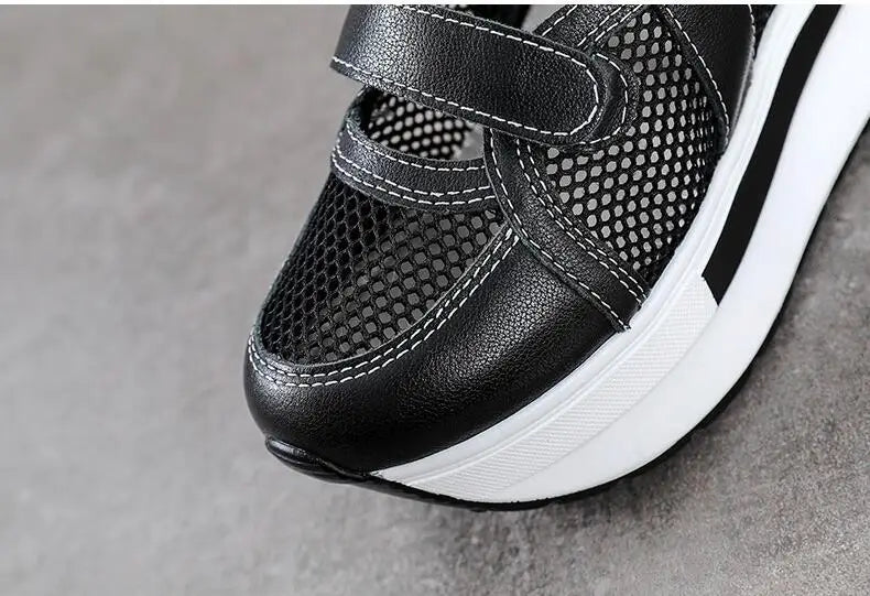 10cm Air Mesh Genuine Leather Platform 2025 Wedge Flats Sneakers Hook Summer Women Comfy Fashion Chunky Sneaker Sandals Shoes