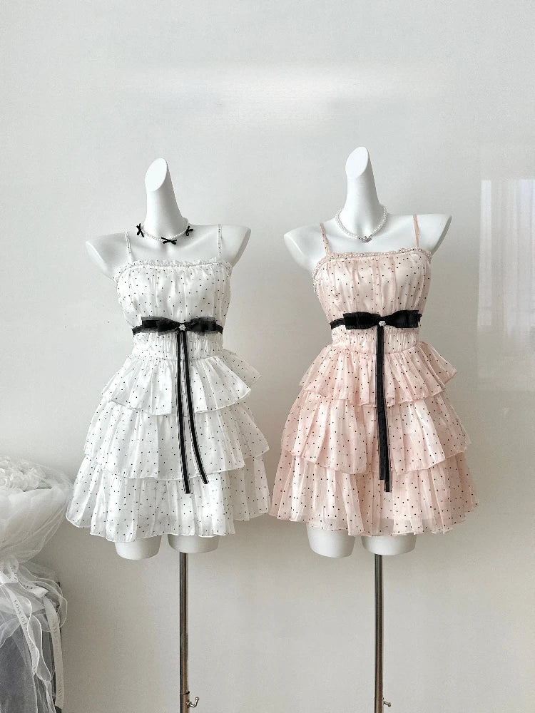 Japanese Elegant Sweet Original Design Evening Dress Women Dot Bow Strapless Pleated Party Dress Princess Casual Cute Clothing