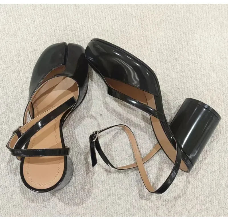 Ins style Fashion Patent Leather Split Toe Women Pumps Spring Summer Thick High heels Slingbacks Female Tabi Chunky Casual Shoes