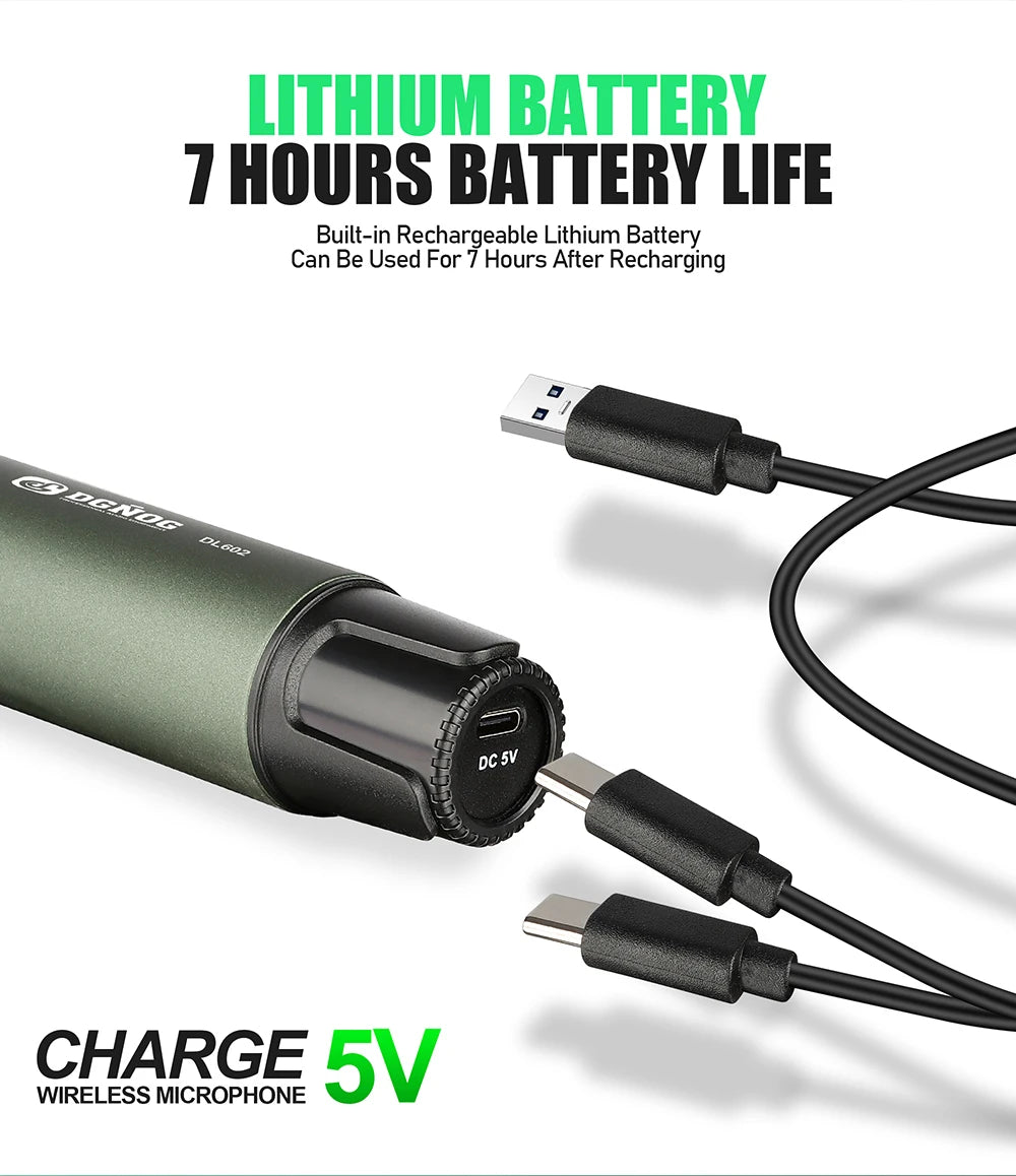 Rechargeable Battery Microphone 2 Channel UHF Wireless Microphone Dual Handheld Dynamic Adjust Frequency For Stage 200ft DL602