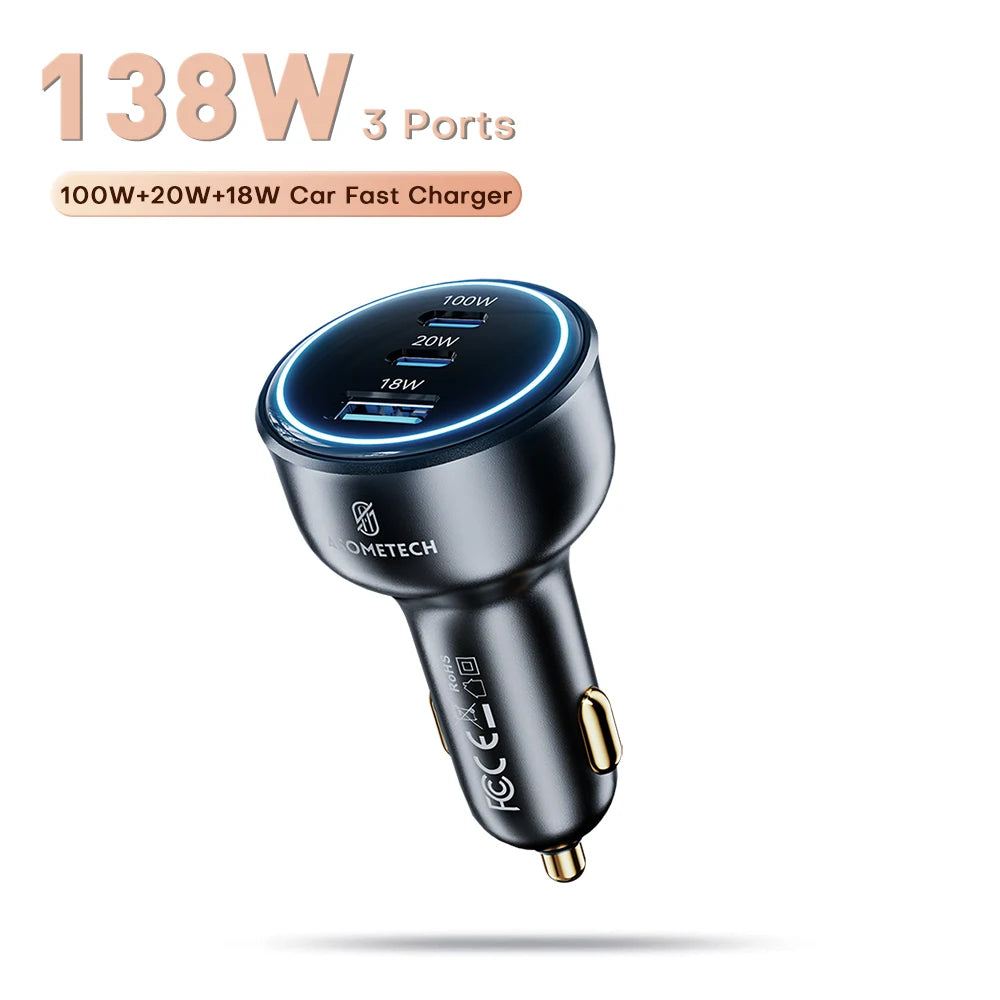 138W Car Charger USB Type C Dual Port USB Phone Fast Charger PD Fast Charging for IPhone 14 Samsung Xiaomi  IPad Laptops Tablets