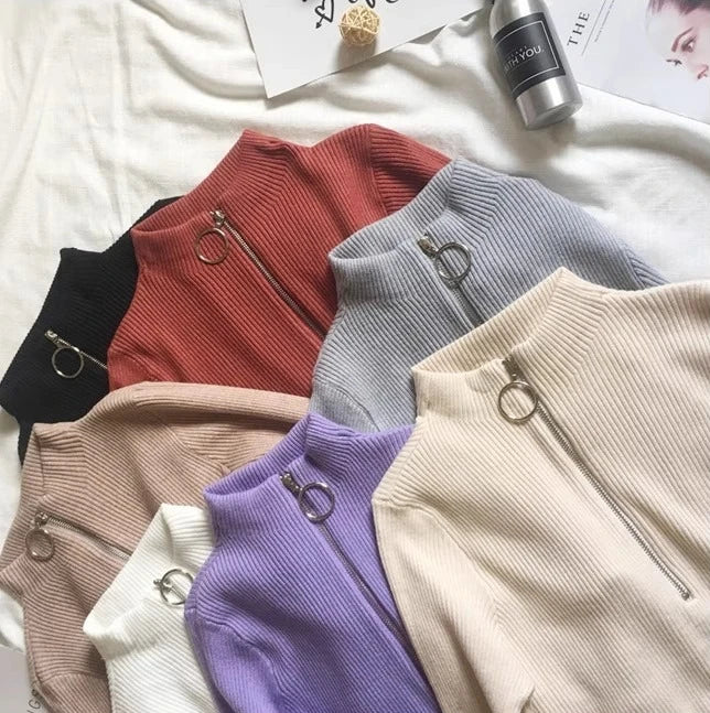 Autumn Winter Turtleneck Women Sweater Long Sleeve Zipper Neckline Knitted Pullover Female Sweater Slim Basic Knitted Jumpers