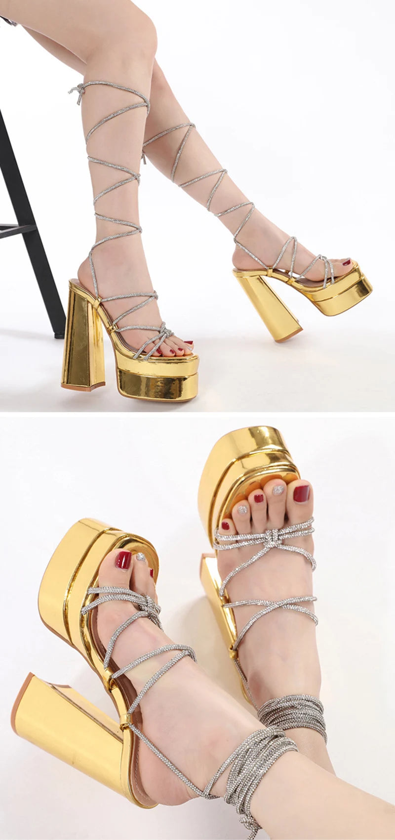 MM2025 New Arrival Rhinestone Embellished Knot T-Strap Heels Roman Peep-toe Summer Sandals Shiny Perfomance Anniversary Footwear